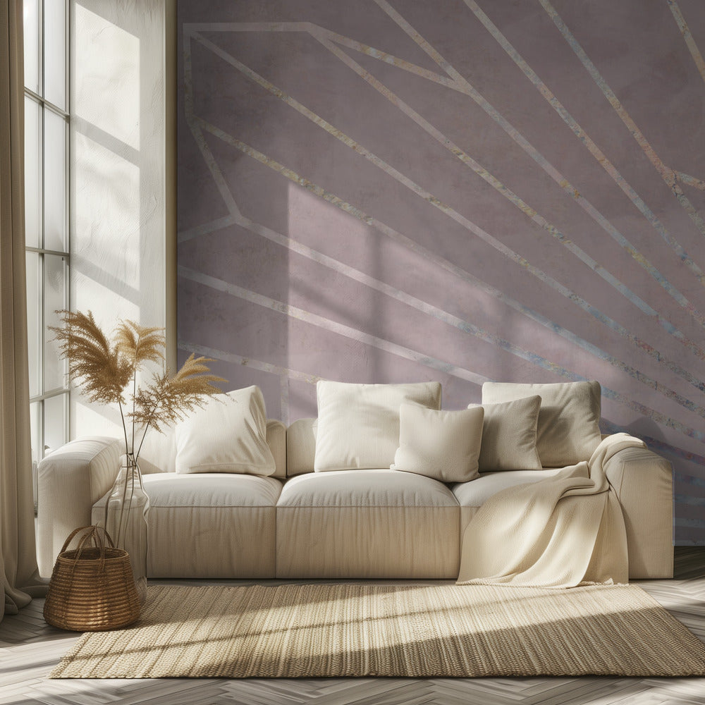 Gold geometric sun rays mural pink | Wallpaper