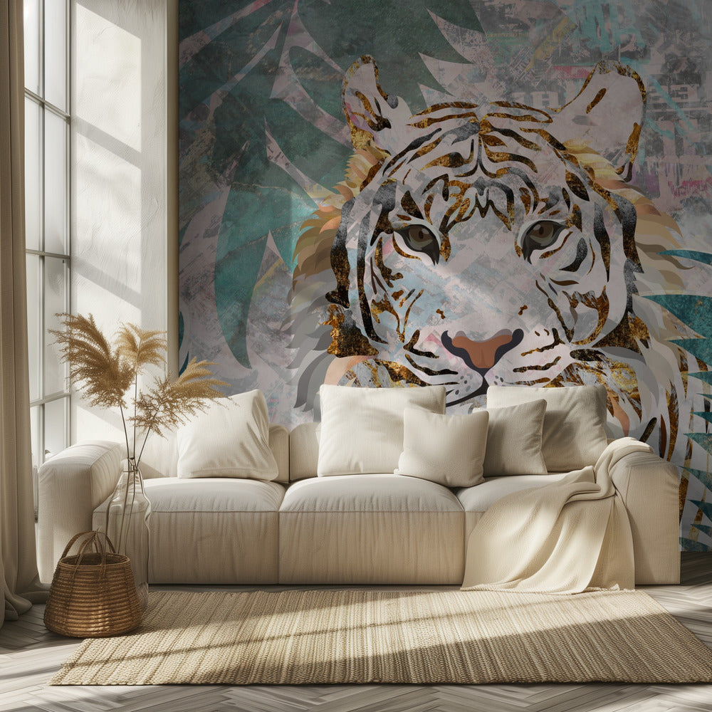 Tiikeri grunge trooppinen palmu seinämaalaus | Valokuvatapetit