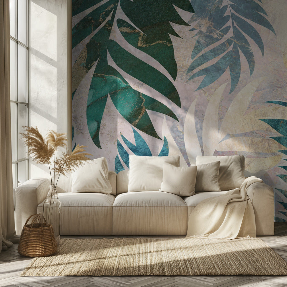 Marble gold green leaves mural | Wallpaper