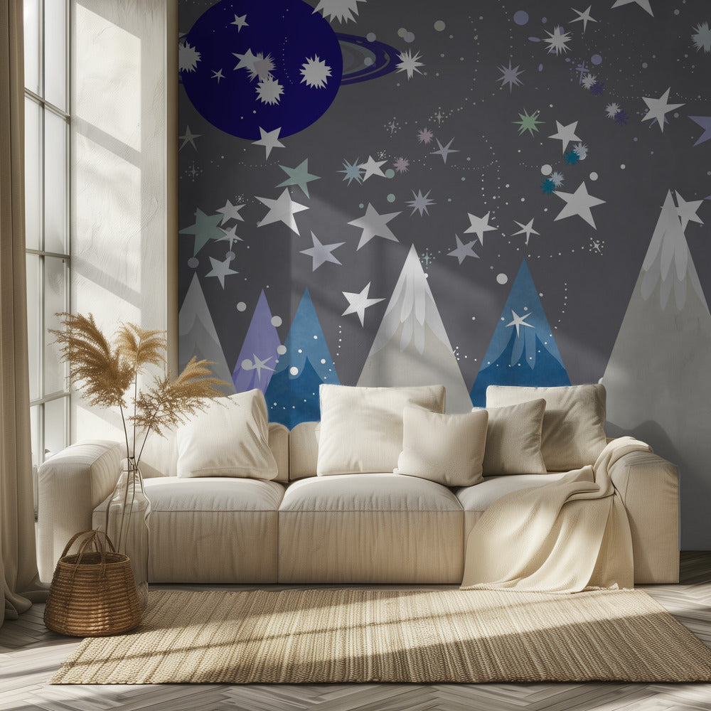 Talvimaisemia: Yötaivas Keskiyönsininen Lastenhuoneen seinämaalaus | Valokuvatapetit