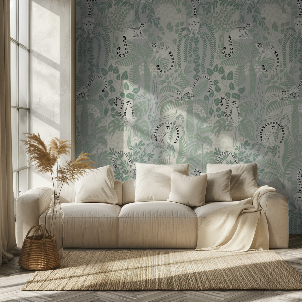 Przygoda w dżungli, miękki wzór w kolorze szałwii | Fototapeta