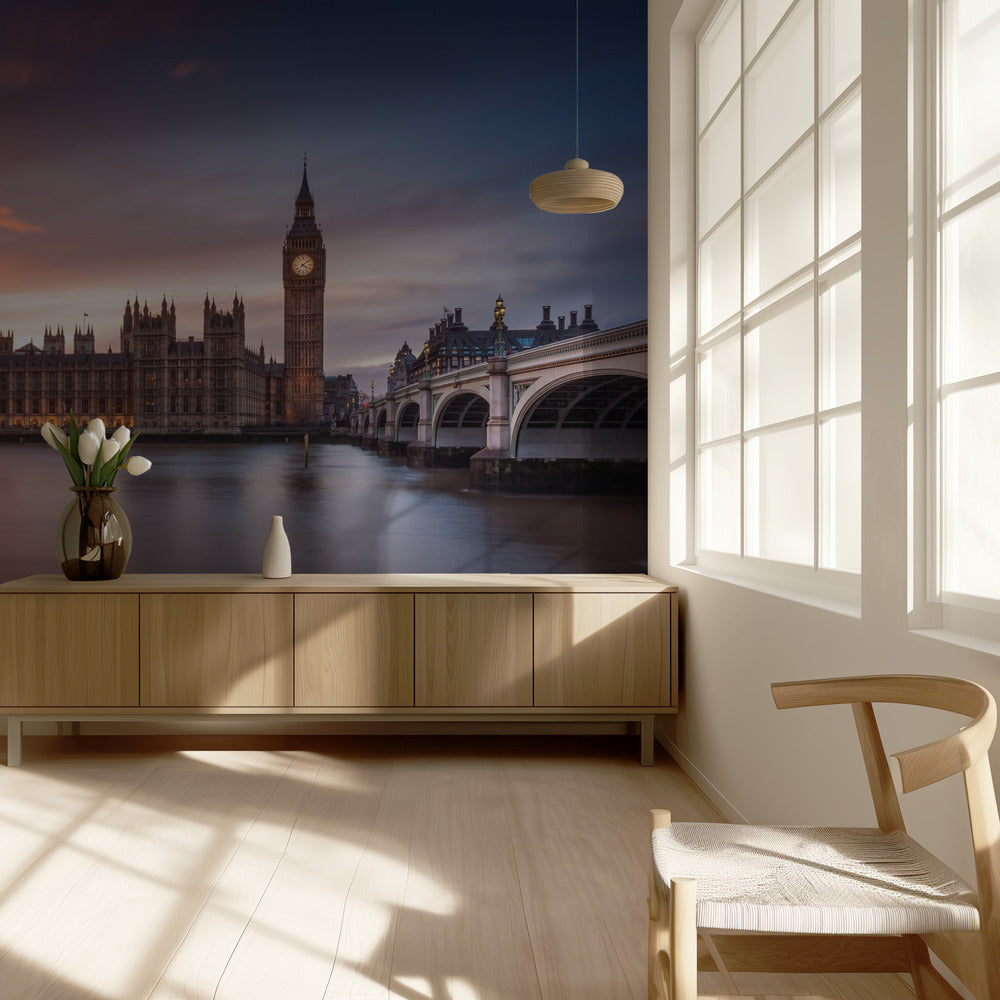 Zachód słońca nad Pałacem Westminsterskim w Londynie | Fototapeta