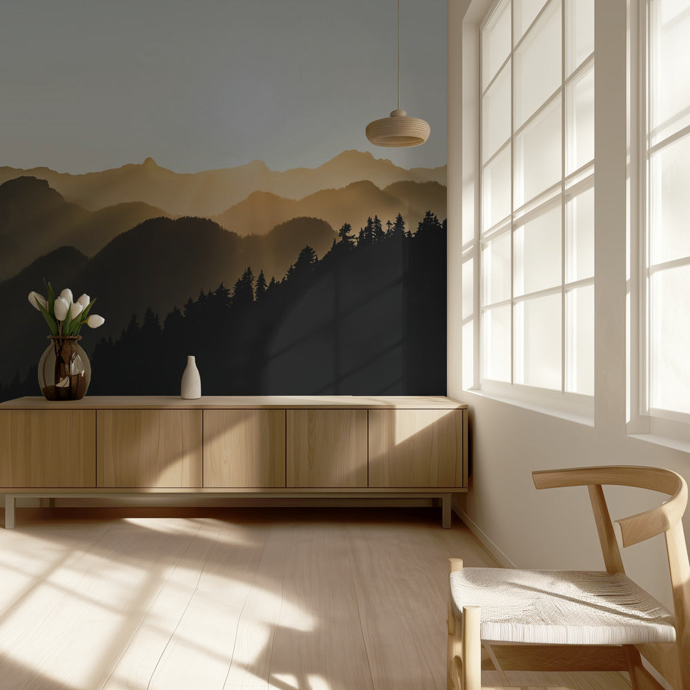 Auringonlaskun auringonsäteet vuorten yli | Valokuvatapetit