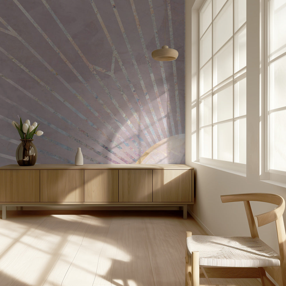 Kultainen geometrinen auringonsäteet muraali vaaleanpunainen | Valokuvatapetit