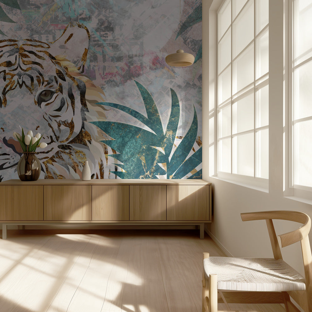 Tiikeri grunge trooppinen palmu seinämaalaus | Valokuvatapetit