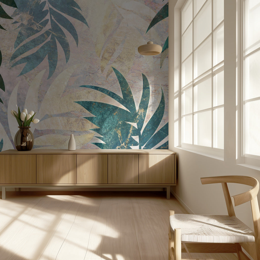 Marble gold green leaves mural | Wallpaper