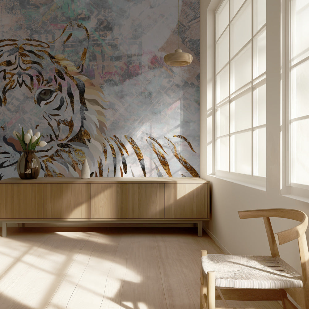 Tiger grungy gold mural | Wallpaper