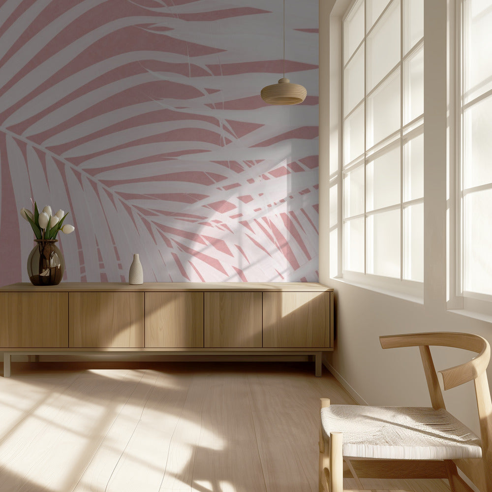 Hojas de palma sobre silueta rosa IV | Papel Pintado Fotográfico