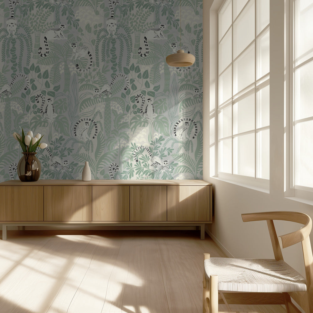 Przygoda w dżungli, miękki wzór w kolorze szałwii | Fototapeta