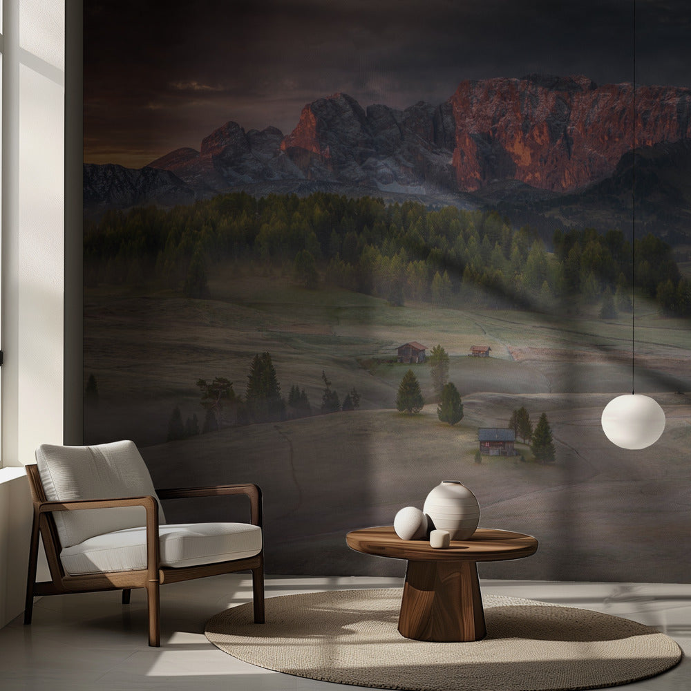 Palavat vuoret jäätyneen laakson yllä | Valokuvatapetit