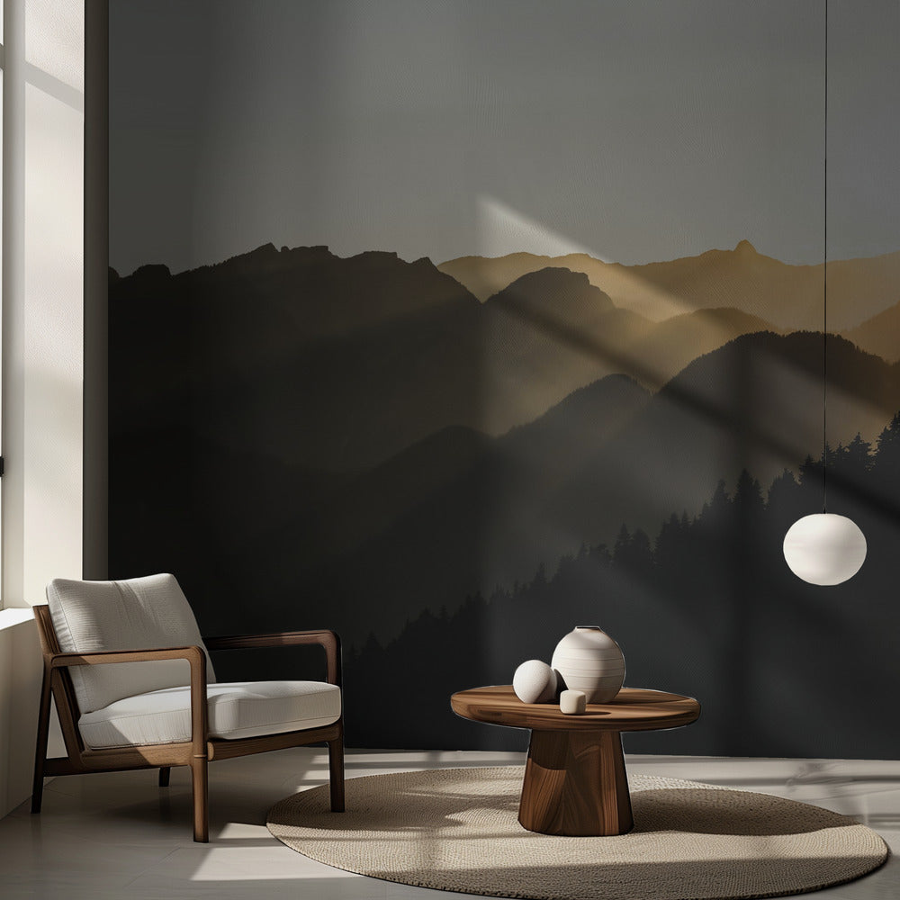 Auringonlaskun auringonsäteet vuorten yli | Valokuvatapetit