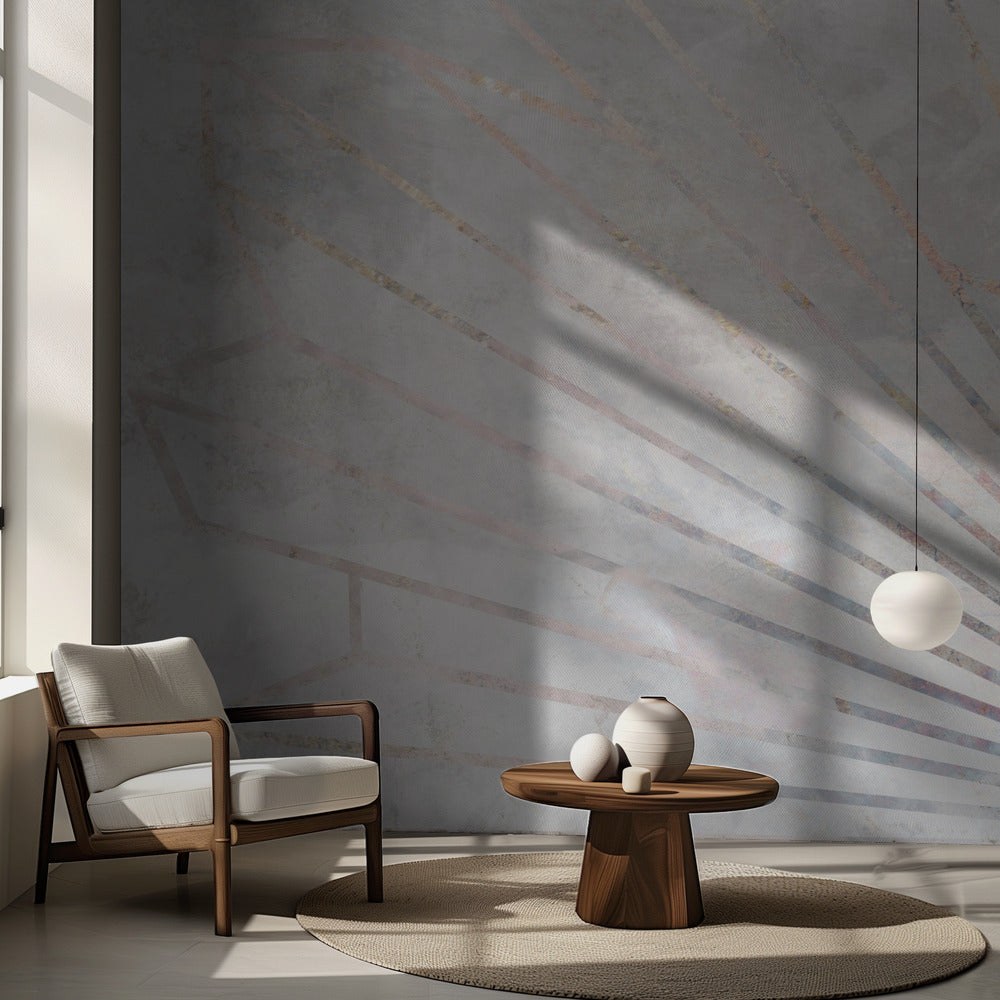 Gold geometric sun rays mural concrete | Wallpaper