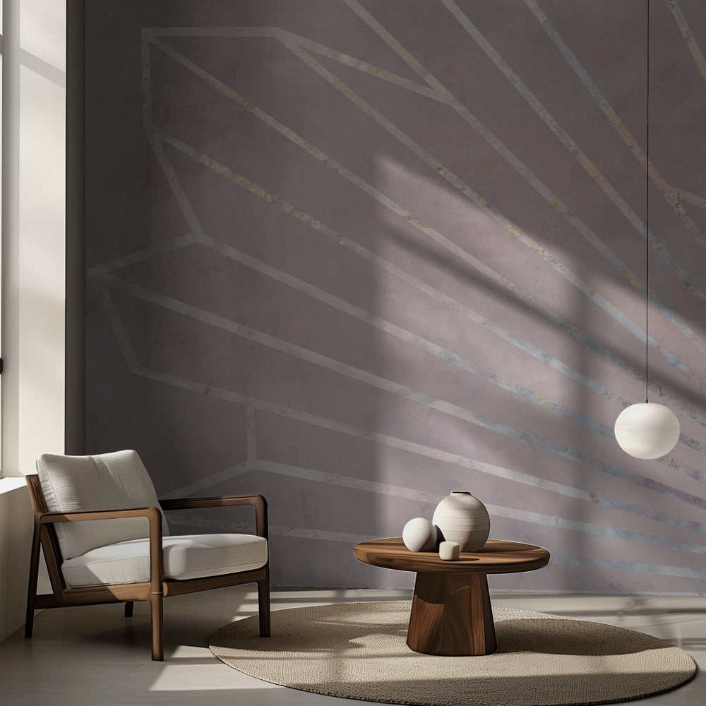 Gold geometric sun rays mural pink | Wallpaper