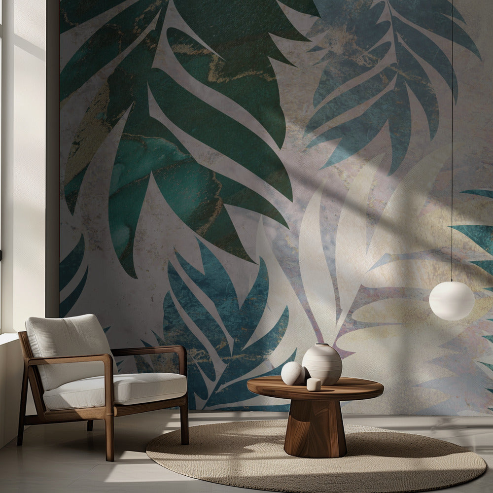 Marble gold green leaves mural | Wallpaper