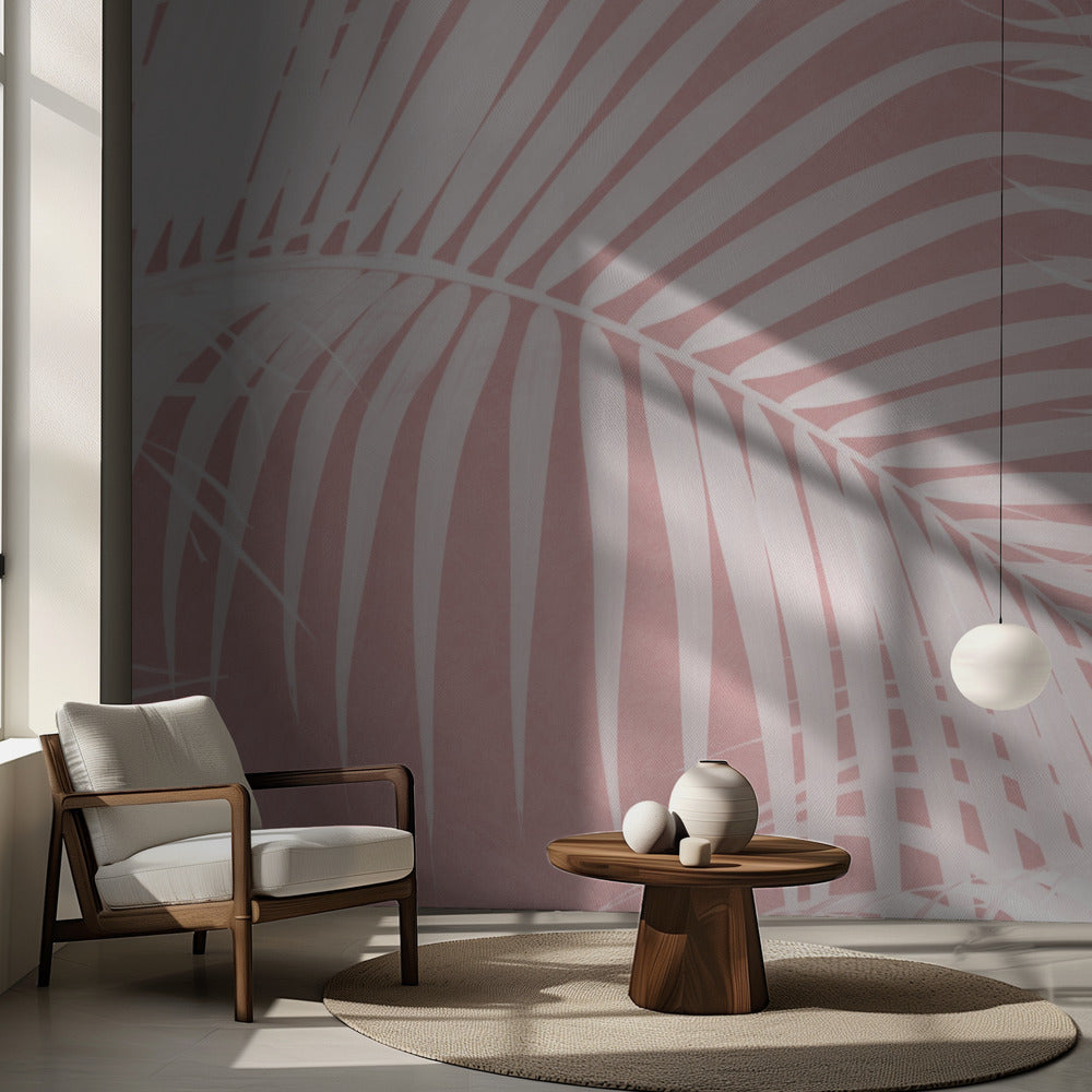 Hojas de palma sobre silueta rosa IV | Papel Pintado Fotográfico