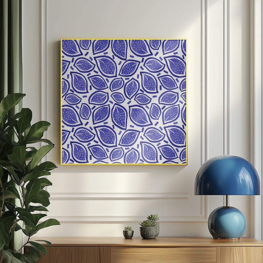 Marineblaue verstreute Blätter mit Tupfen | Poster - Kunstdruck