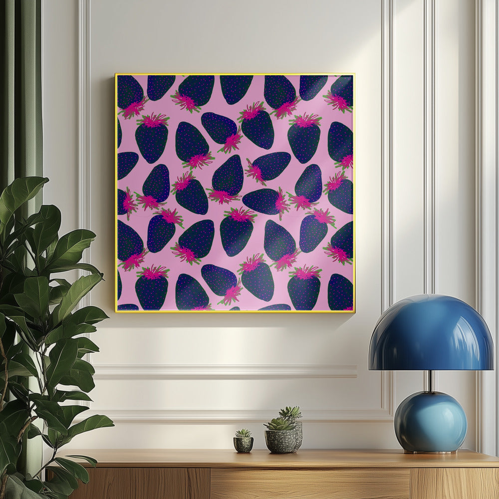 Erdbeeren Obst Marineblau Pink auf Pink | Poster - Kunstdruck