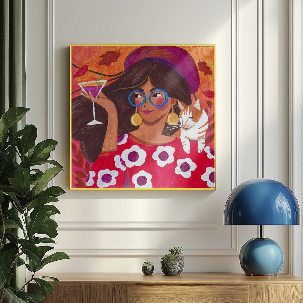 Modern Autumn portrait Woman with Cat | Poster