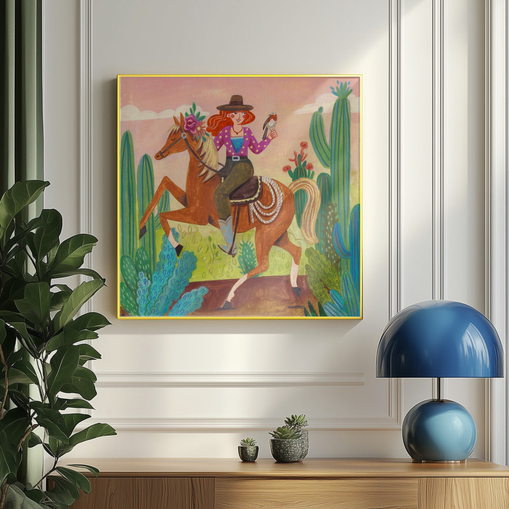 Cowgirl auf Pferd in der Wüste | Poster - Kunstdruck