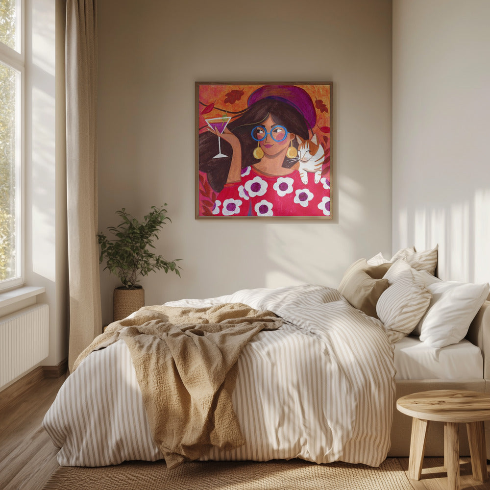 Modern Autumn portrait Woman with Cat | Poster