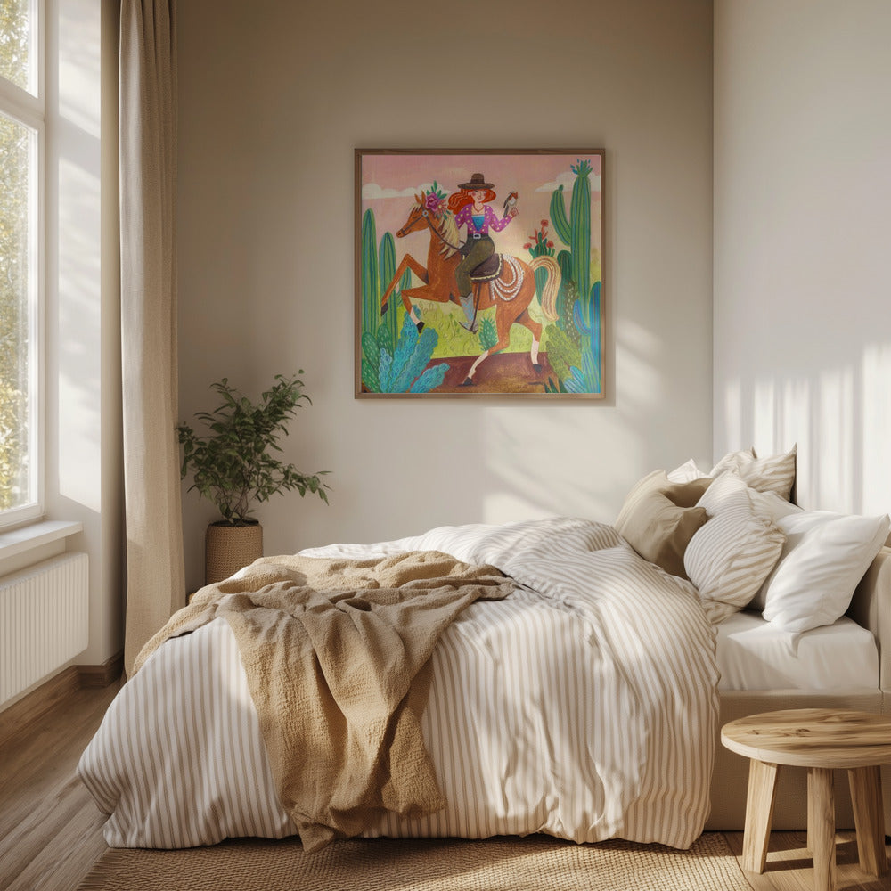 Cowgirl auf Pferd in der Wüste | Poster - Kunstdruck