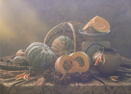 Asetelma kurpitsoilla | Julisteet - Taidevedokset