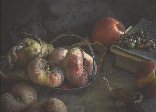 Asetelma kirjan ja persikoiden kanssa | Julisteet - Taidevedokset