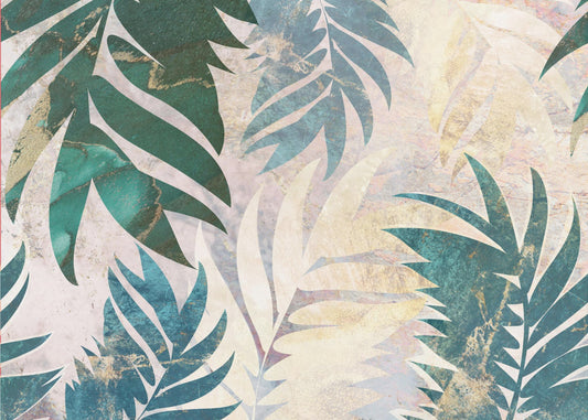 Marble gold green leaves mural | Wallpaper