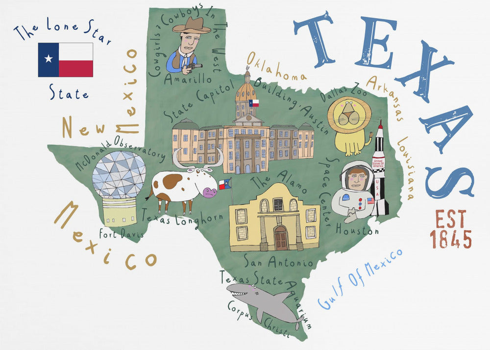 Texasin osavaltion kartta, kuvittanut taiteilija Carla Daly | Canvastaulut