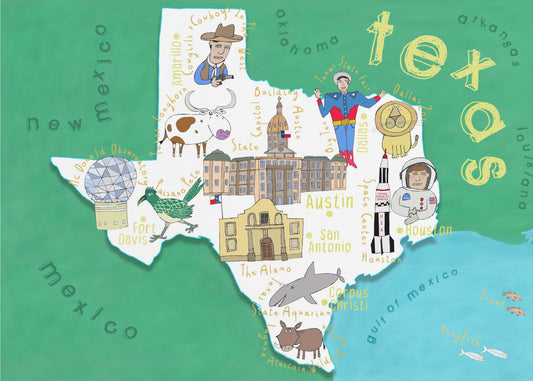 Illustration einer Staatskarte von Texas von der Kartenkünstlerin Carla Daly | Leinwand-Bilder