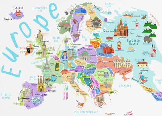 Kuvitettu Euroopan kartta, jonka on piirtänyt karttakuvittaja Carla Daly | Canvastaulut