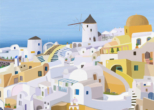 Santorini, gelbe und weiße griechische Gebäude von der Künstlerin Carla Daly | Leinwand-Bilder