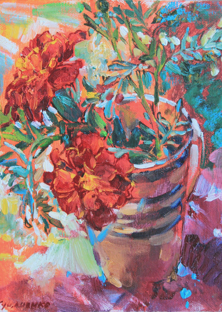 Marigolds in a cup | Canvas