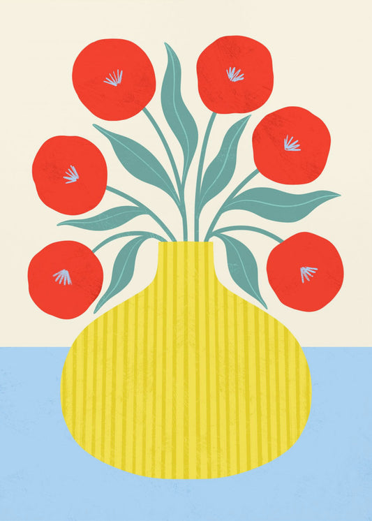 Röda blommor i gul vas | Canvastavla