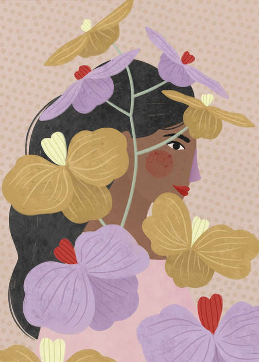 Versteckt hinter gelb-lila Blumen | Poster