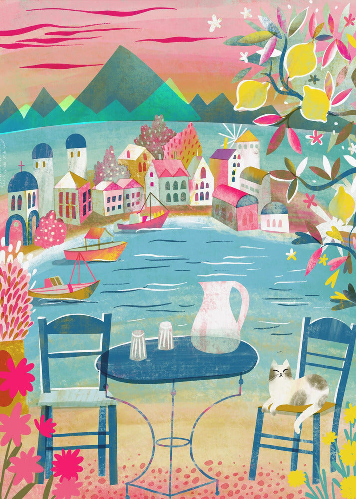 Griechische Taverne mit Katze unter Zitronenbaum | Leinwand-Bilder