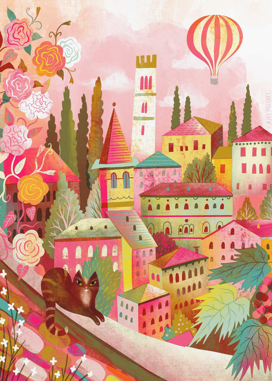 Italienisches Dorf mit Katze an der Wand | Leinwand-Bilder