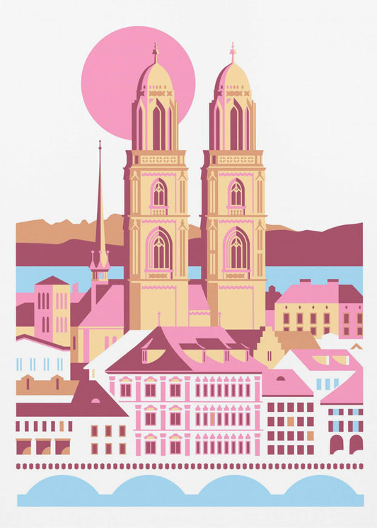 Zürich, Schweiz, Schweizisk, Sommer, Bjerge, By, Illustration, Vintage Plakater - Kunsttryk | Lærredsbilleder