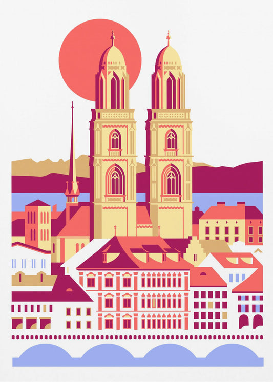 Zürich, Schweiz, Schweizisk, Sommer, Bjerge, By, Illustration, Vintage Plakater - Kunsttryk | Lærredsbilleder