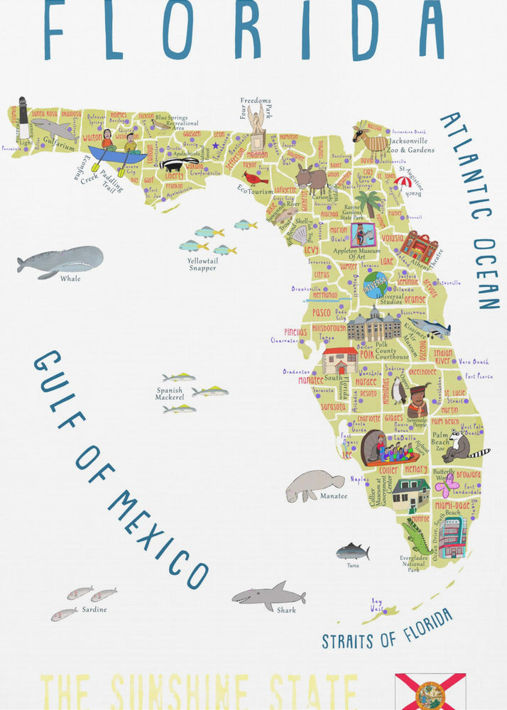 Ilustrowana mapa Florydy autorstwa artystki Carli Daly | Wydruki na łótnie