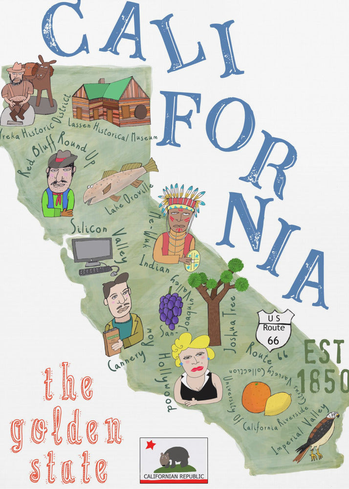 Ilustrowana mapa Kalifornii z ikonami stanów autorstwa Carli Daly | Wydruki na łótnie