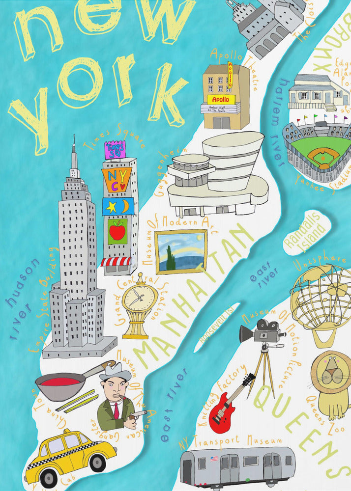 Kirkkaanvärinen kuvitettu kartta New Yorkista, karttataiteilija Carla Daly | Canvastaulut