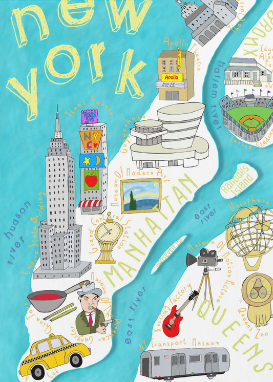 Farbenfrohe illustrierte Karte von New York von der Kartenkünstlerin Carla Daly | Leinwand-Bilder