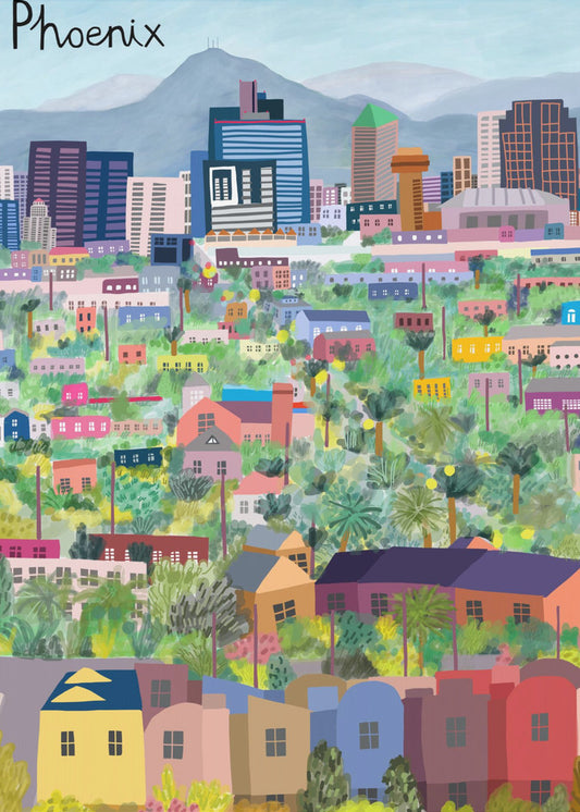 Widok na Phoenix w Arizonie zilustrowany przez artystkę Carlę Daly | Wydruki na łótnie