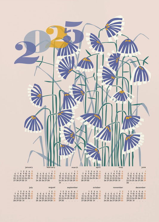 Kalender 2025 Linolschnitt Blumen Pfirsich Pastell | Poster