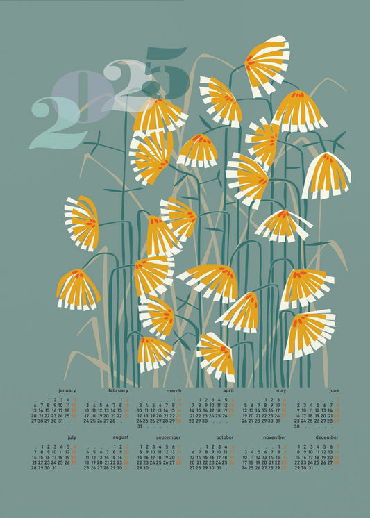Kalender 2025 Linolschnitt Blumen grün | Poster