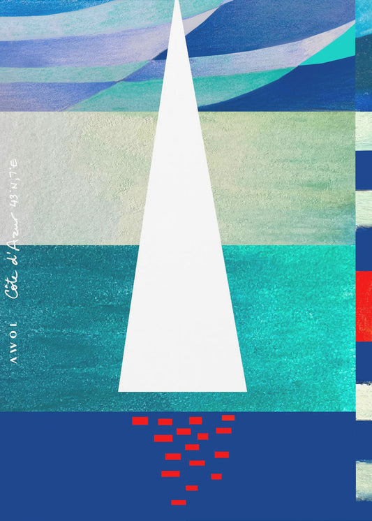 Abstraktes Segelboot an der französischen Riviera, farbenfroher Kunstdruck der Côte d'Azur | Leinwand-Bilder