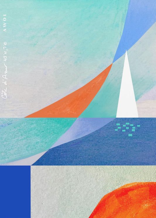 Abstrakte Meereslandschaft mit weißem Segelboot am Mittelmeer, Wandkunst an der französischen Riviera | Leinwand-Bilder