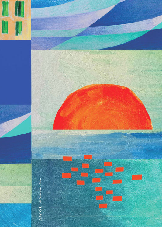 Farverigt Middelhav med solopgang, abstrakt kystkunst | Lærredsbilleder