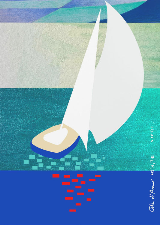 Hvid sejlbåd på den franske riviera med refleksioner over havet | Lærredsbilleder